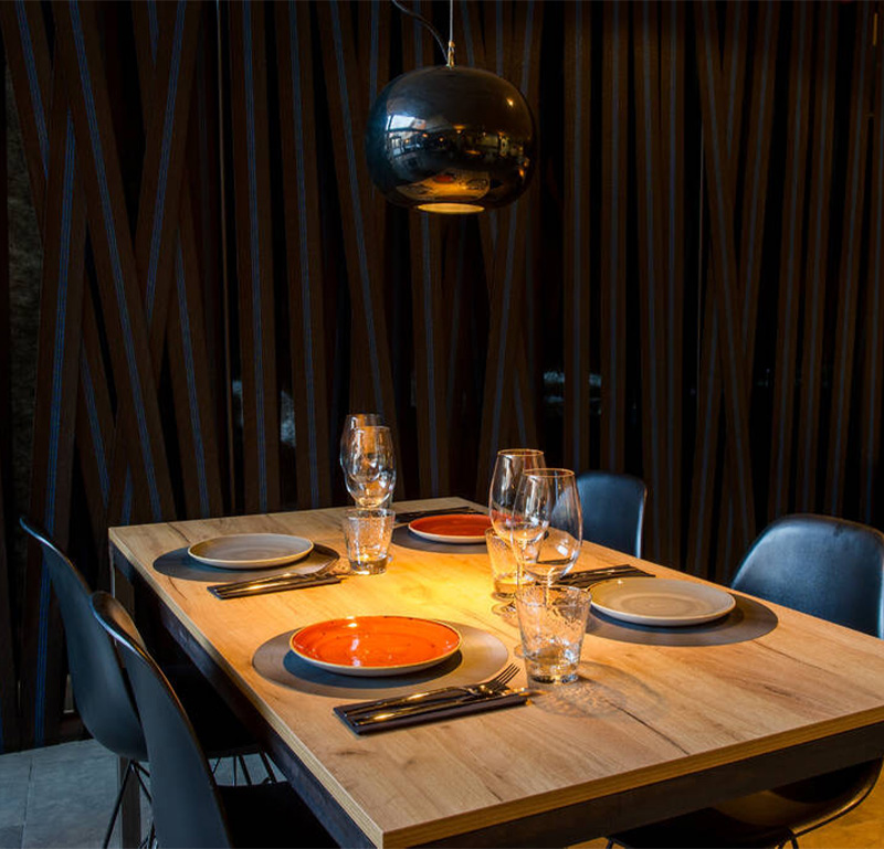 Restaurant with particle board tabletops